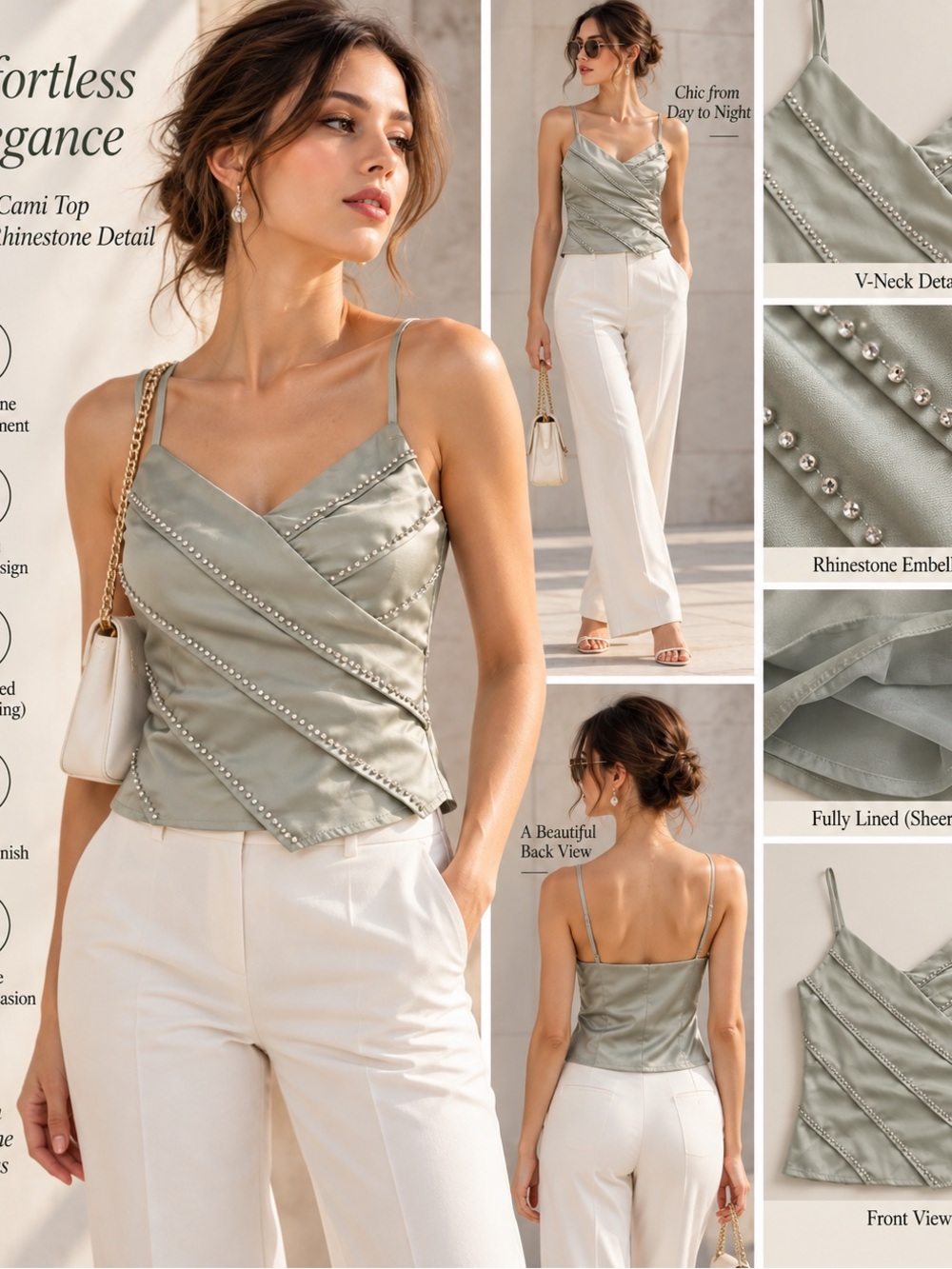Korean Sage Satin Rhinestone Draped Cami Top Fully Lined